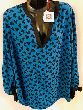 Anne Klein Blouse Blue Black Print LS Plus Sz 0X NWT
